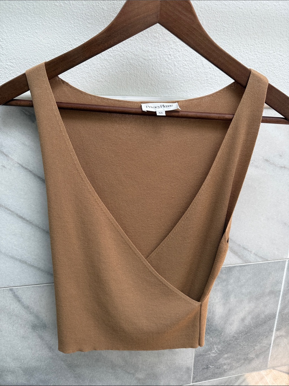 Privacy Please Camel Wrap-Front Knit Tank